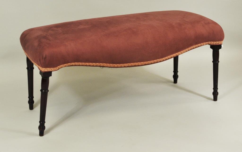Sheraton Mahogany Serpentine Front Bench: George III sheraton design mahogany serpentine front hall or fireside bench, with turned legs. 19" high, 42" wide, 15 1/2" deep.