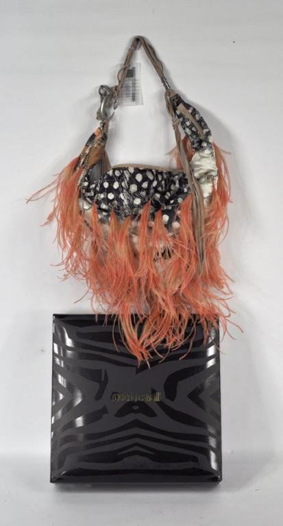 Roberto Cavalli Custom Feather Mounted Handbag: Roberto Cavalli unique, one of a kind prototype feather mounted handbag, triangular soft shaped silk/satin print, embellished with peach colored feathers attached to silver chains, with twisted suede