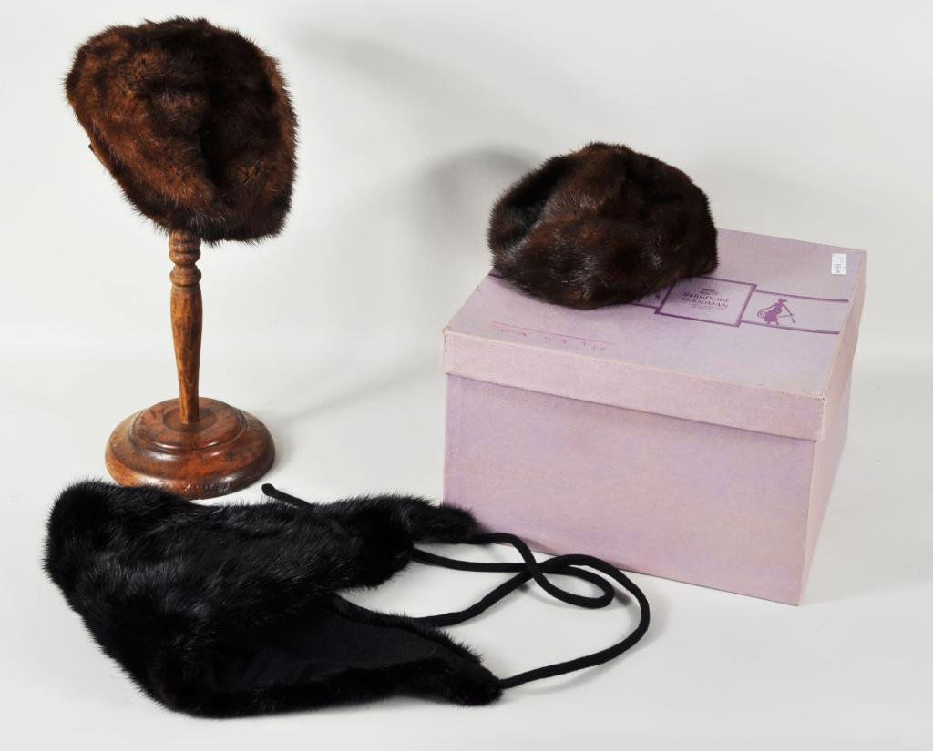 Two Vintage Ladies Mink Hats: Two vintage ladies mink hats comprising one Best & Co., 1 Bergdorf Goodman and a mink scarf by Bonwit Teller. Mink hats with wear.