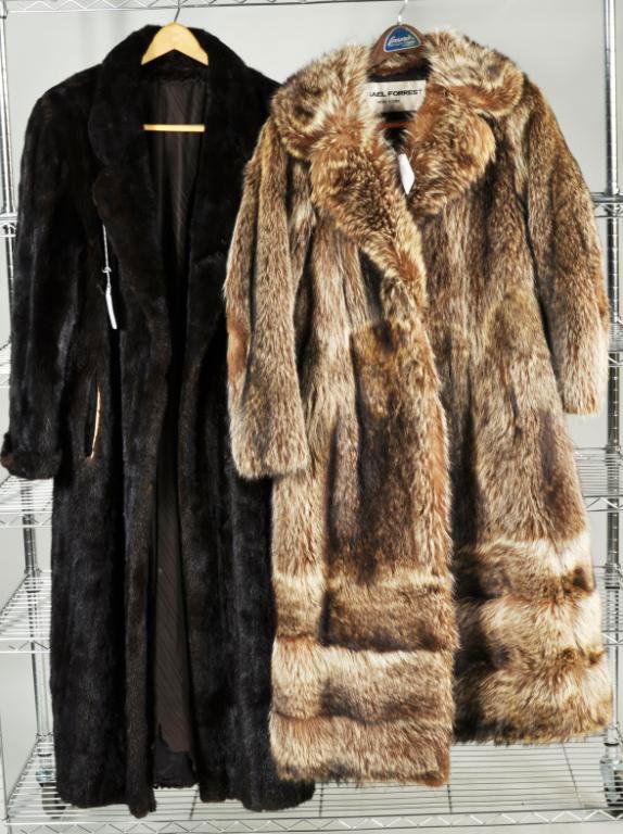 Two Ladies Fur Coats: Two ladies fur coats, comprising: a raccoon coat by Michael Forrest and a mink coat by Anne Klein, approximately size medium. Wear, tears, separations.