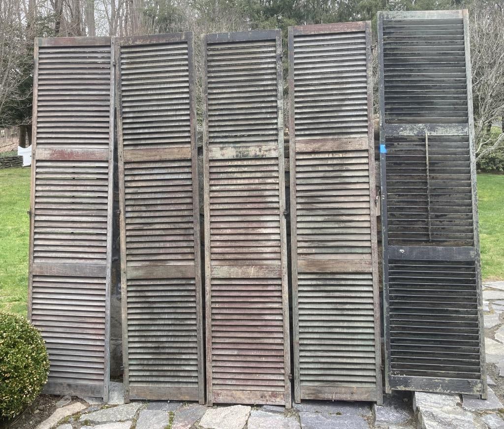 Set Six Painted Wood Federal Period Shutters: in original condition, green, red and black paint history. 90 1/2" tall, 18 3/4" wide. Retaining most original mounting hardware, with expected age and use wear, a few nails where attached for display