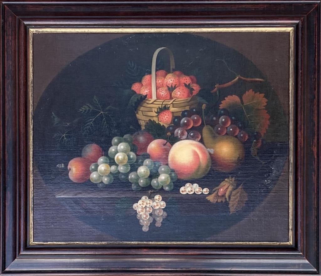 Wm. Jones, O/C Framed Still Life Of Fruit: William Jones (Bath England, fl 1760-1777) provenance Alistair Sampson Antiques Ltd., London, 1993 (receipt not included). Frame size: 24 1/2" high, 29 1/2" wide. A few areas of soiling and rubs, reli