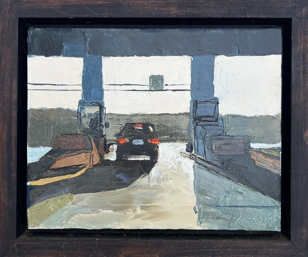 Dmitri Cavander O/C "Highway Series #1": Dmitiri Cavander (Am. 20th c.), signed and dated '99 lower right and verso. Frame size: 10" high, 12" wide.