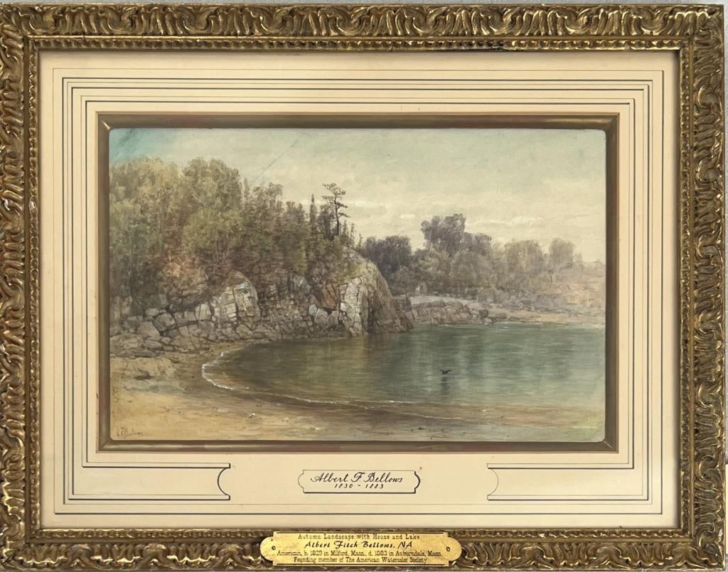 A. Bellows, W/C/P Autumn Landscape: Albert Fitch Bellows (Am. 1829-1883), peaceful New England lake scene, signed lower left. Bellows was a founding member of the American Watercolor Society. Sight size: 8 /2" high, 13 1/2" wide. Frame