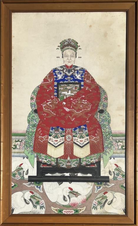 Chinese Ancestral Painting: of the Dowager Empress Cixi, in a dragon robe. 46 1/2" high, 28 1/2" wide. Staining, toning.