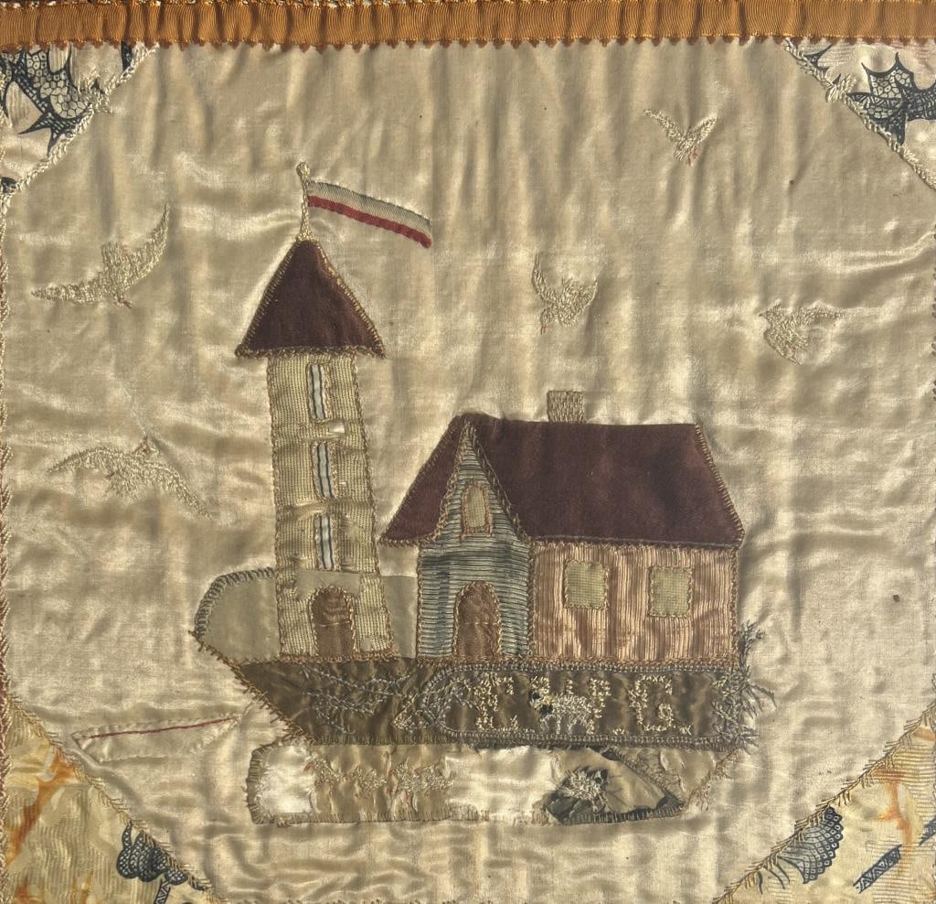 Framed English Folk Art Silk Work: with houseboat, and initials"E. G." flanking dog or sheep. 16 3/4" high, 17 1/4" wide. Age related wear, small losses.
