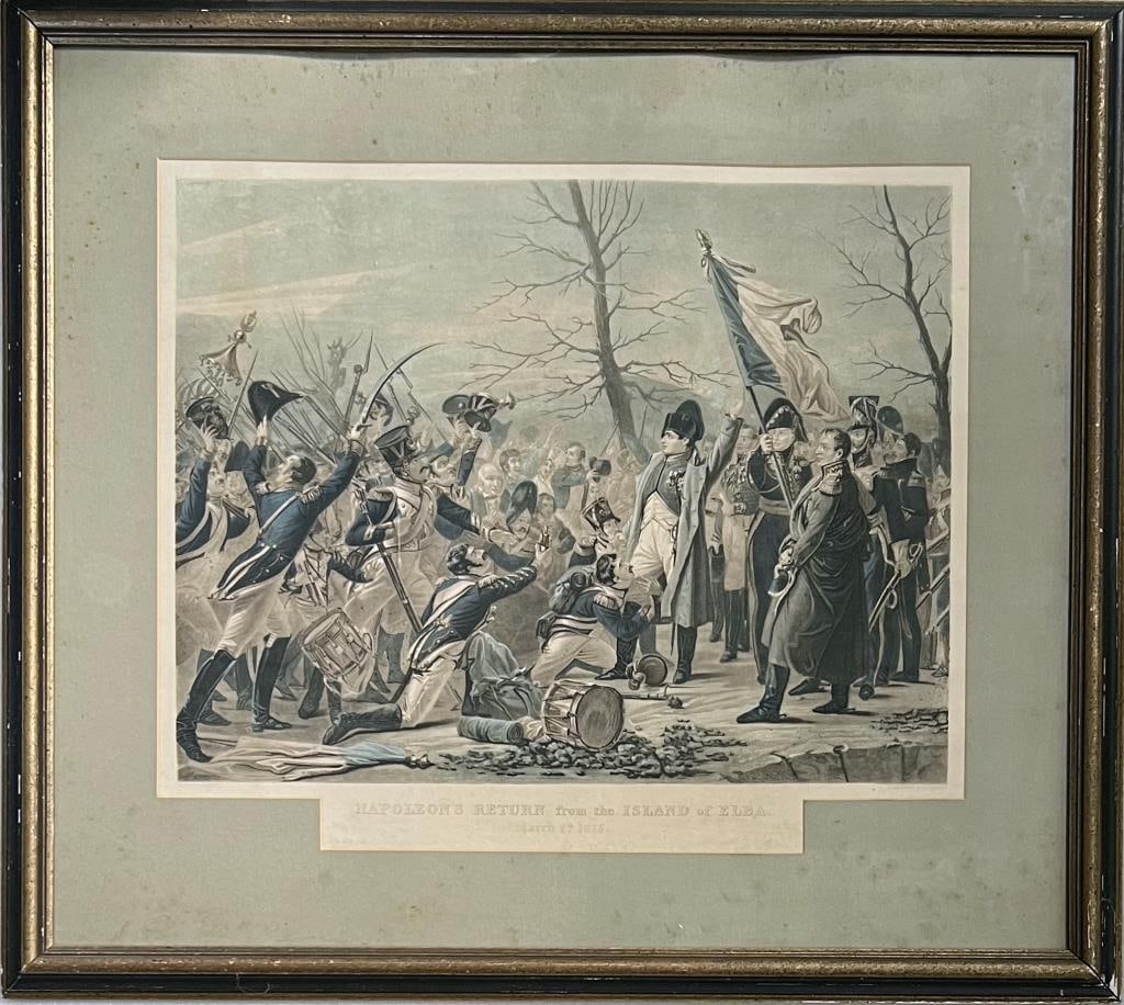 Sanders, Engraving "Napoleon Returning From Elba": antique colored engraving by George Sanders after a painting by Charles Baron Von Steuben, titled "Napoleon's Return from the Island of Elba". Matted and framed under glass, not examined out of frame.