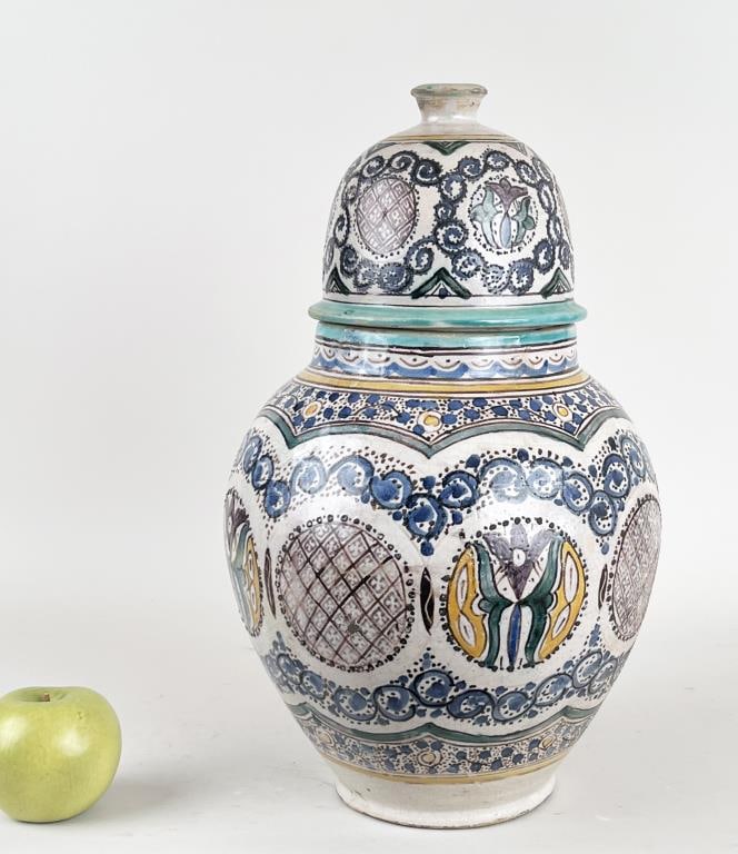Moroccan Earthenware Lidded Urn: 15 3/4" high, 9 1/2" diameter. Light flicking.