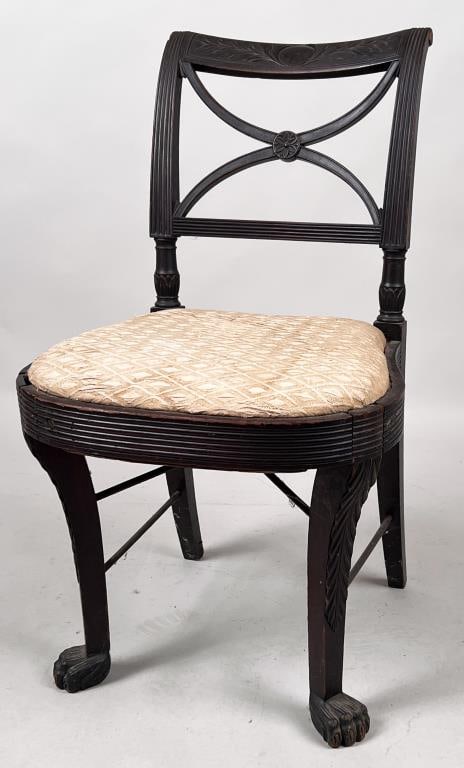 Duncan Phyfe School Carved Sheraton Side Chair: in as found estate condition, with leaf carved crest, and unusual carved front legs with paw feet, slip out seat frame, with repairs and restorations, substantial wear. 32" high, 19" wide, 20 1/2" dee