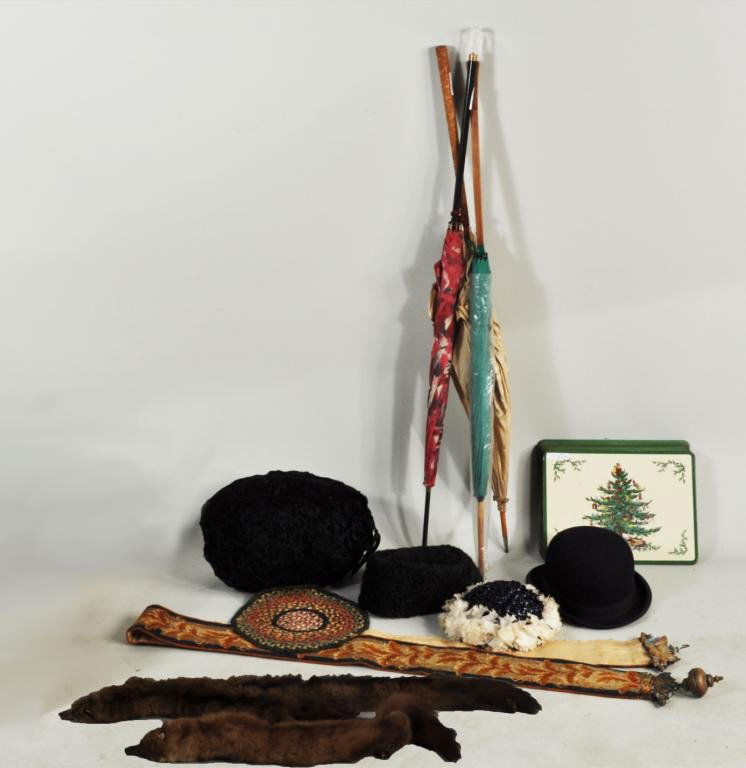 Group of Vintage Clothing and Furs: Group of vintage clothing, furs and other items, 19th/20th C, including a Victorian needlepoint bell pull with repousse brass fittings, two mink boas, a Japanese embroidered silk umbrella, hats and ot