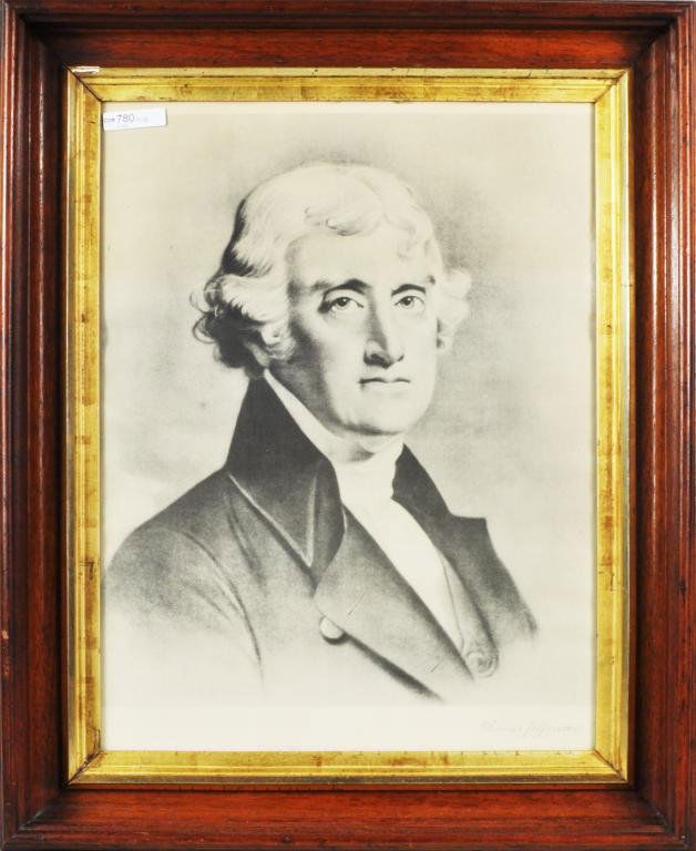 Photomechanical Print of Thomas Jefferson: Photomechanical print of Thomas Jefferson, 20th C, in 19th C frame. 24 1/4" high, 19 3/4" wide; sight size: 18 1/2" high, 13 3/4" wide