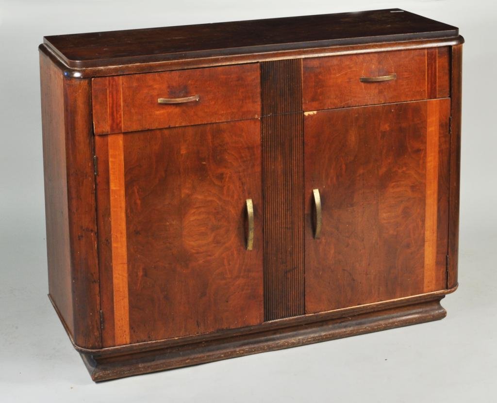 Art Deco Figured Walnut Cabinet: Art Deco figured walnut crecenza/cabinet, c. 1930 with quarter sawn veneered top over two drawers, and cabinet drawers with brass pulls, one interior shelf. 35 3/4" high, 48" wide, 17 3/4" deep. Condi