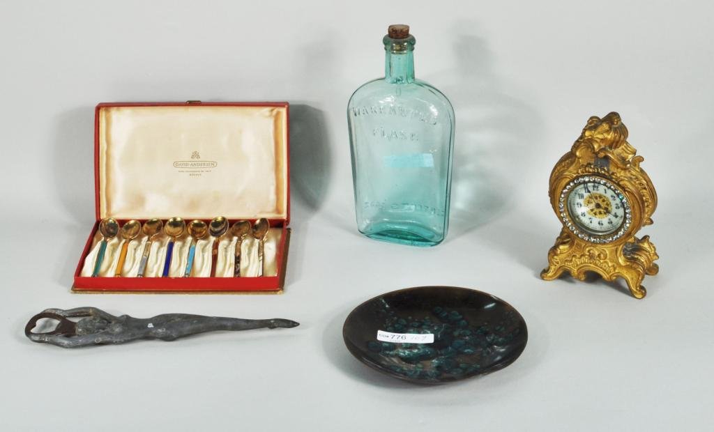 Decorative Arts Group, Including New Haven Clock: Group miscellaneous decorative arts items, 19th/20th C., including a 14 oz warranted flask and a New Haven gilt metal clock. Largest: 8 1/2" high, 4" wide; smallest: 8 1/2" high, 2 1/4" wide Condition