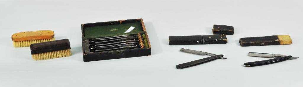 Group of Vintage Men's Toiletry Items: Group of vintage men's toiletry items, 19th/20th C., including a cased set of seven E. Weck & Son straight razors engraved with days of the week and other items. Largest: 3 3/4" wide, 7 1/2" long; sma