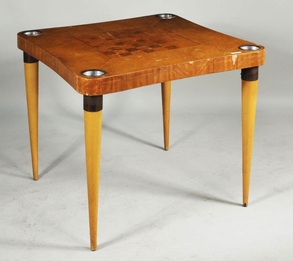 Gilbert Rohde Paldao Game Table, Herman Miller: Gilbert Rohde "Paldao" game table by Herman Miller, circa 1940-50, with burled wood top with inlaid checkerboard and recessed ashtrays/cupholders with removable aluminum cups and metal screens, leathe