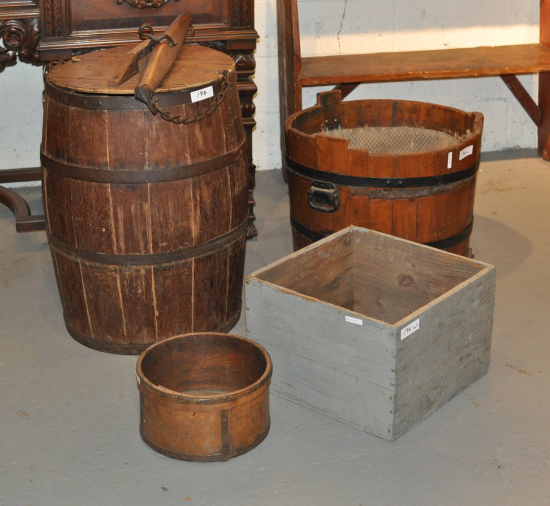 Group Four Wooden Containers: Group of four wooden containers, comprising two metal bound wooden buckets, one with lid and wooden measure, a metal bound pantry box and a blue painted pine box. Largest: 27" high, 20" diameter; smal
