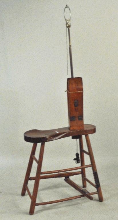 Primitive Saddle Maker's Bench, As Lamp: A country American saddle maker's bench, converted to a table/floor lamp. 67" high, 26" wide, 19 1/4" deep.