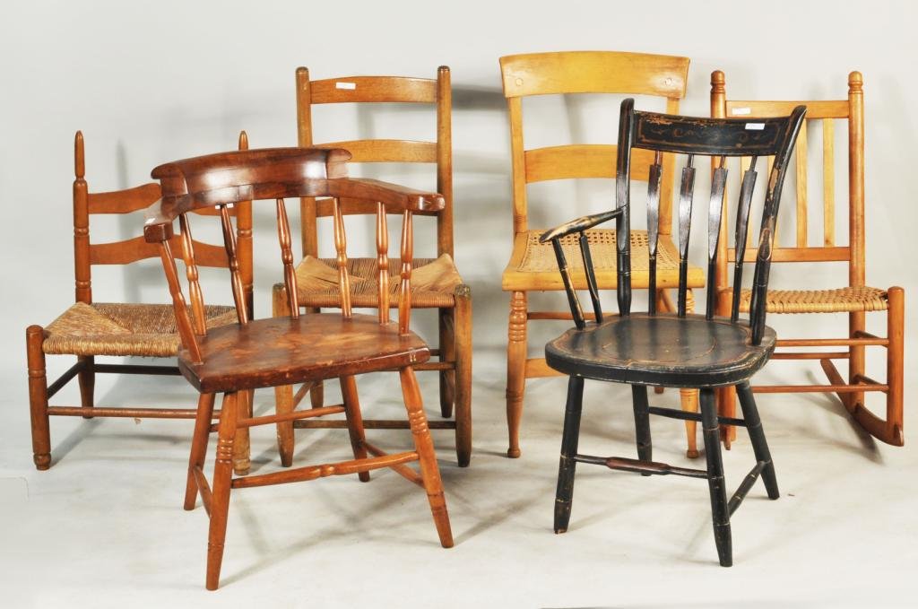 Group of Six Assorted Country Chairs: Group of six assorted country chairs, comprising a paint decorated windsor arrowback armchair, a plank seat captain's chair, a cherry Shaker style rush seat rocker and three side chairs. Largest: 34 1