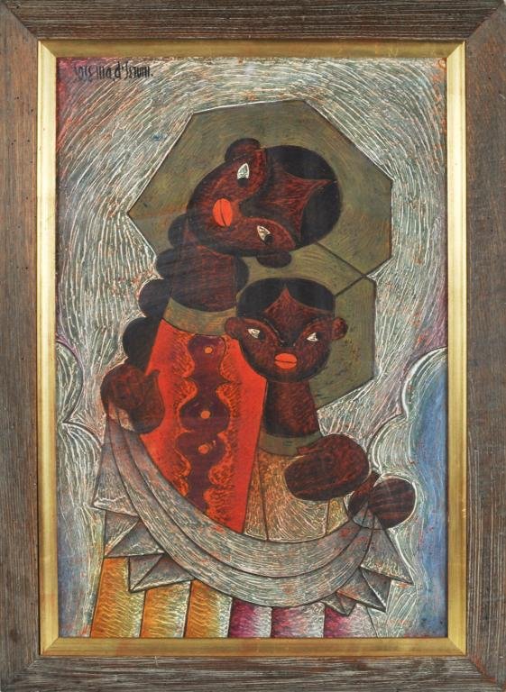 Jose Maria de Servin, "Mother and Child": Jose Maria de Servin (Amer. 1917-1983), "Mother and Child" oil on masonite, signed upper left Jose MA D'Servin. 28 3/4" high, 21" wide; sight size: 23 1/4" high, 16" wide Condition: light soiling, a f