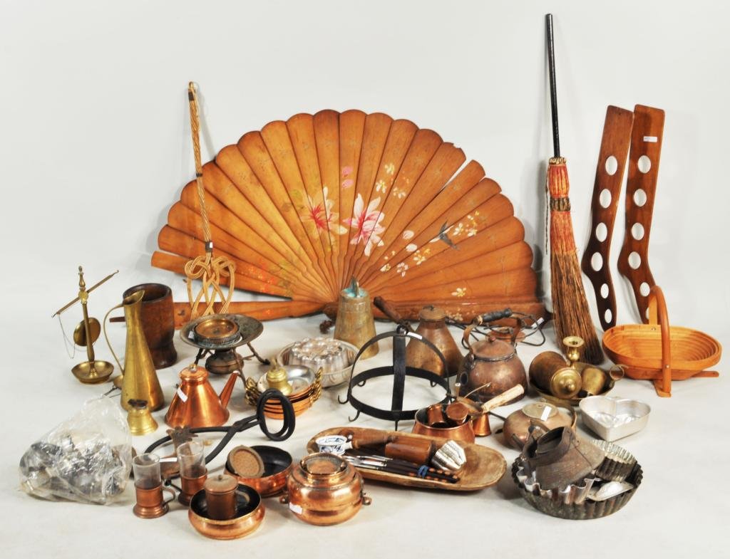 Large Group of Decorative Arts Items: Large group of sterling, copper, brass, iron, wood, and tin kitchen and other items, 19th/20th C., including a wrought iron pot rack, a repousse metal rooster, a wooden mortar, four brass bells and ma
