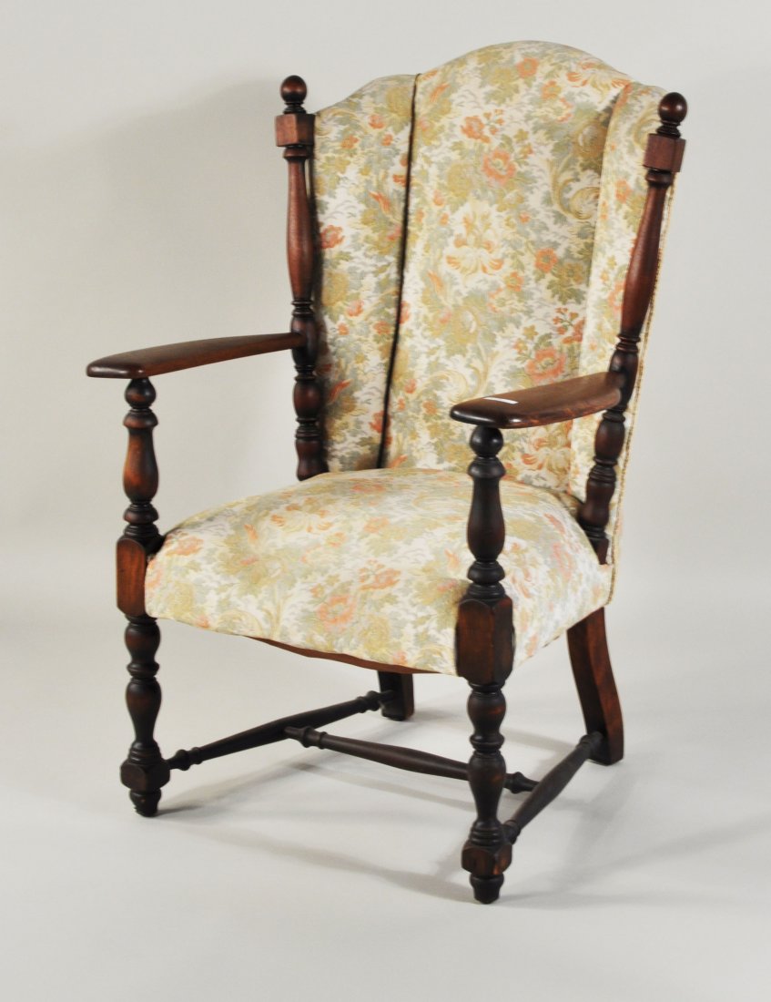 Sheraton Revival Upholstered Mahogany Easy Chair: Sheraton revival mahogany upholstered easy chair with turned legs, stretchers, arm supports and stiles. 43 1/2" high, 29 1/2" wide, 28 1/2" deep.