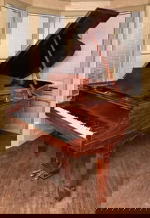 Steinway 1910 Model A-2 Grand Piano/Bench: with figured mahogany case, and together with compatible lift-seat piano bench. 74" long, 56 1/2" wide, 39 1/2" high. Serial number 146857 is stamped in wood under the piano case, dating the