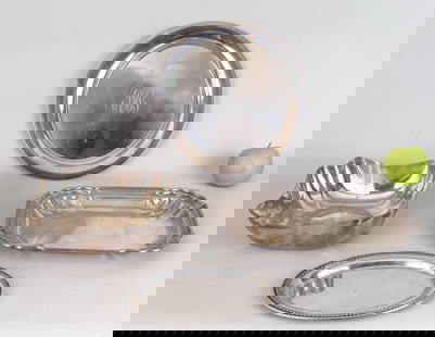 Group Four Sterling Serving Trays/Bowl: including Meriden Britannia, Dominic & Haff for Bailey Banks & Biddle. Largest: 12" diameter. Weight: 64.550 OZT. Oxidation, use wear; largest with monogram. Property from the Estate of Bobbie