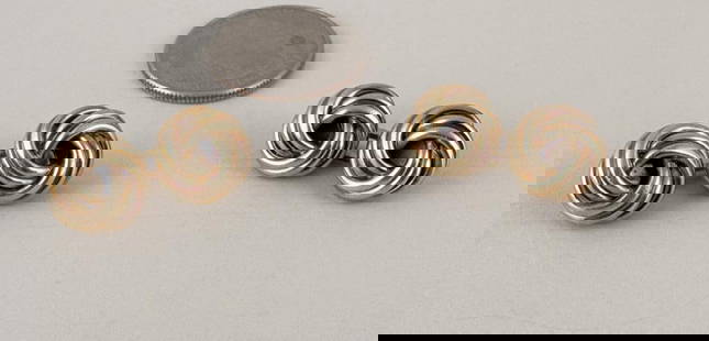 Pair 9K Gold Knot Form Gentleman's Cuff Links: double knot with connecting loop, both knots and loop marked "kw" and ".375"; yellow and rose gold. Gross weight: 17.7 grams. Some minor scuffing. Property of a CT Gentleman. *No credit card payments