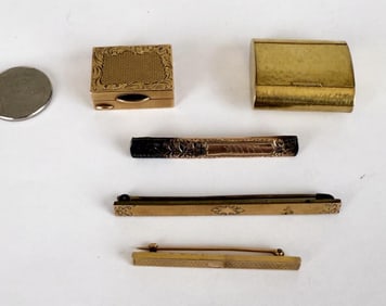 Two 18K Gold Snuff Boxes, Three Gold Bar Pins