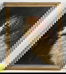 O/B Canine Portrait of St. Bernard: signed with initials "G.H.T." lower left. Frame: 23" high, 19" wide. Several small losses as shown.