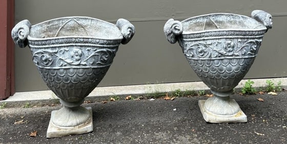 Pair Neoclassical Lead Garden Urns, Ram Mounts