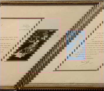 Framed Letter From James Agate: James Evershed Agate was an English diarist and theatre critic between the two world wars. He took up journalism in his late twenties and was on the staff of The Manchester Guardian in 1907-1914. He
