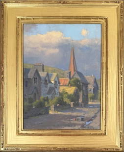 J.P. Osborne O/C "Irish Street": John Phillip Osborne (American, b. 1951), peaceful Irish scene with church. Signed lower right J.P. Osborne. Frame size: 22 1/4" high, 18 1/4" wide. Osborne is a noted art instructor and impressionist
