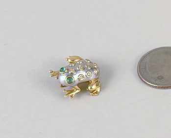 14K Gold, Diamond & Emerald Frog Brooch Pendant