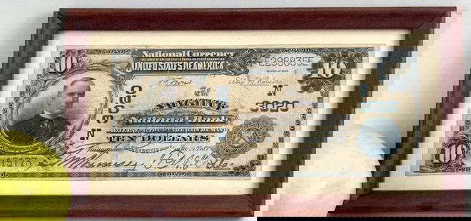1903 $10 National Bank Note, Naugatuck Nat'l. Bank: The Naugatuck National Bank, Naugatuck Connecticut, dated June 27th, 1903, bearing portrait of President McKinley, Framed. Frame: 4 7/8" high, 9 1/8" wide. Note: 3 1/8" high, 7 1/2" wide.