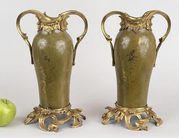 Pair French 19th C. D'ore Bronze Mounted Vases