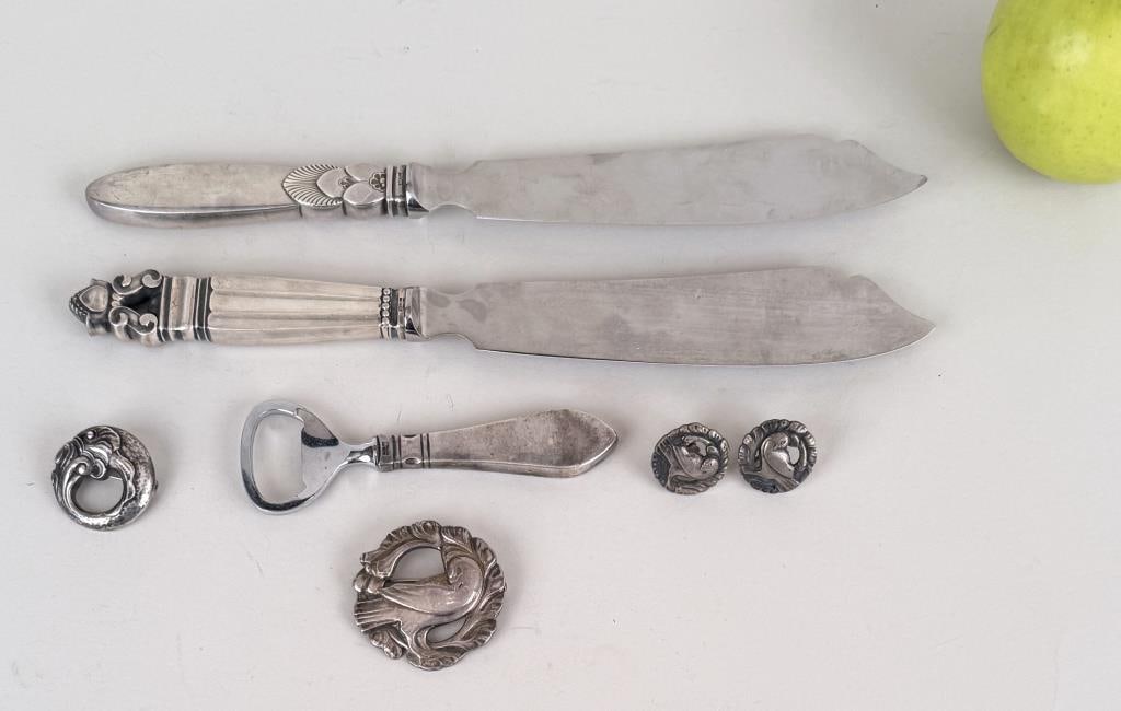 Group Georg Jensen Sterling Wares: including Cactus & Acorn fish knives, dove brooch and earrings, bottle opener and fish brooch. Acorn knife: 10 1/2" long. Weighable silver: 1.045 OZT. Oxidation, use wear. *No credit card payments wil