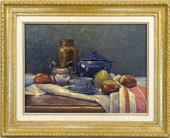 Van Hook O/C Still Life of Pottery & Fruit, Signed