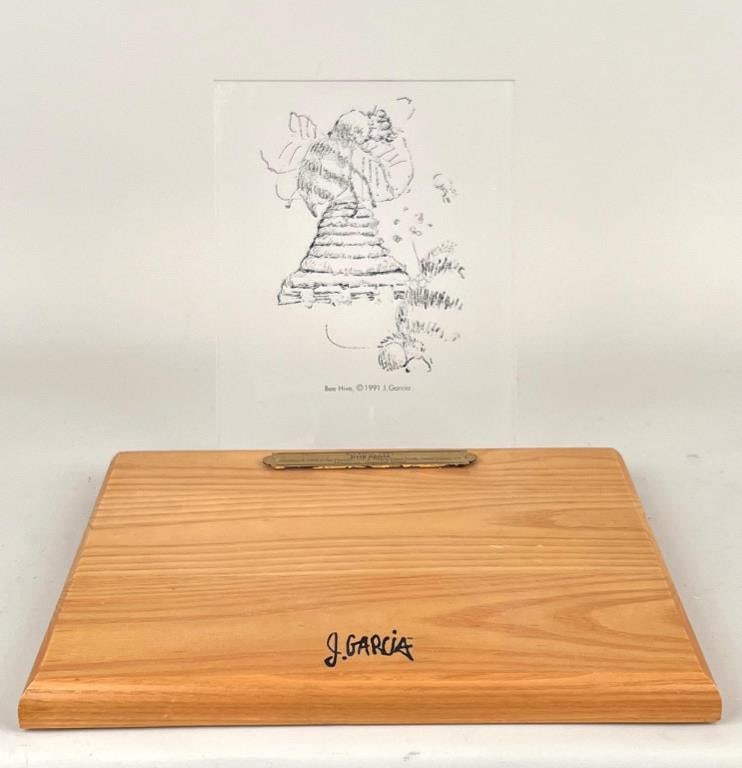 J. Garcia "Beehive" 1991: Jerry Garcia (Am., 1942-1995), etching on acrylic panel, mounted on wooden base, stamped signature. 9 5/8" high overall, 11 1/2" wide, 10" deep base.