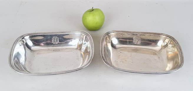 Pair Tiffany & Co. Sterling Serving Bowls: both monogrammed, marked "Tiffany & Co. Makers" on bottom. 1 3/4" high, 8 7/8" wide, 6 7/8" deep. Weight: 26.610 OZT. Oxidation, use wear. Property from the Estate of Bobbie Hainline Howrey. *No credi