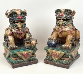 Pair Chinese Polychrome Pottery Foo Dogs