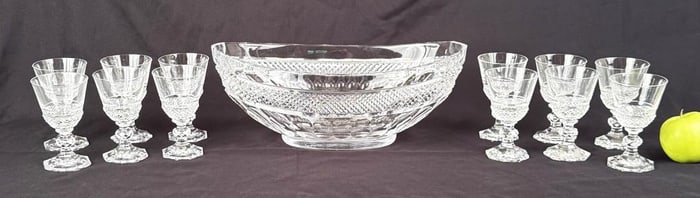 Set Twelve Crystal Glasses, Oval Crystal Bowl