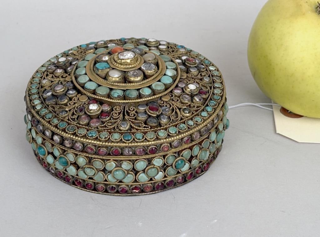 Tibetan "Jeweled" Brass Treasure Box (1 of 5)