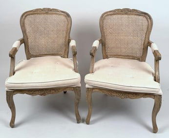Pair French Country Carved Wood Armchairs