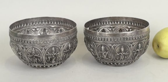 Near Pair Two Burmese Silver Thabeik Bowls