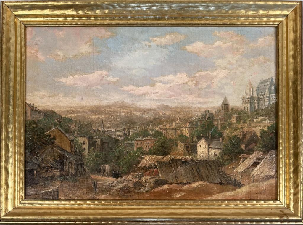 Smith, O/C European Village Scene: Thomas Lochlan Smith (Scottish/American, 1835-1884). Frame size: 17 3/4" high, 24" wide. Wear to gilt on frame, appears re-lined.