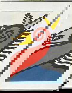 Calder, Signed Colored Lithograph "Seahorse" 1975: Alexander Calder (Am., 1898-1976), Seahorse, color lithograph 1975. Hand signed and numbered 25/125 in pencil. Sheet: 29 1/2" high, 21 1/4" wide. Crack to glass, sheet shifted in frame. Not examined o