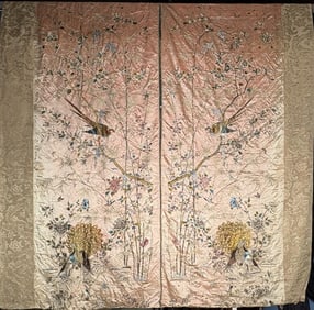 Two Panels Asian Finely Embroidered Silk Draperies