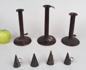 Three Antique Toleware Hogscraper Candlesticks