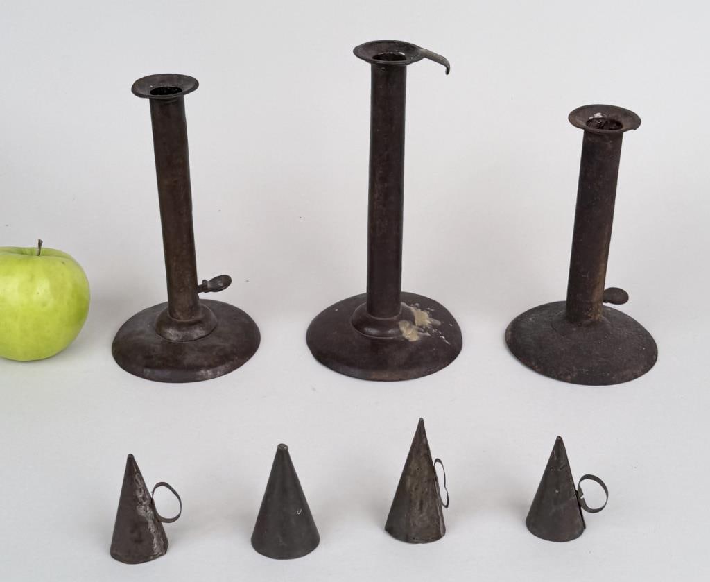 Three Antique Toleware Hogscraper Candlesticks (1 of 6)